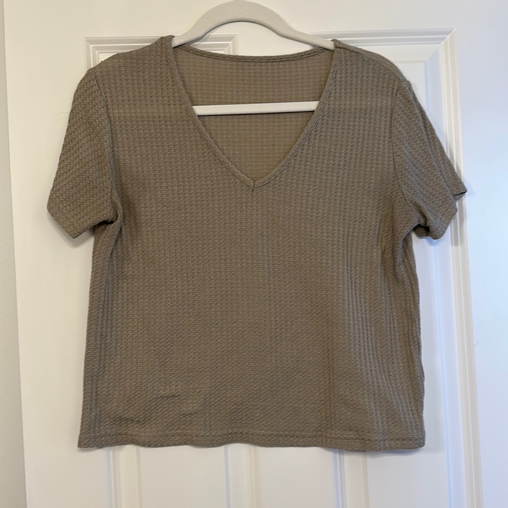 Light olive/sage v neck waffle t shirt.